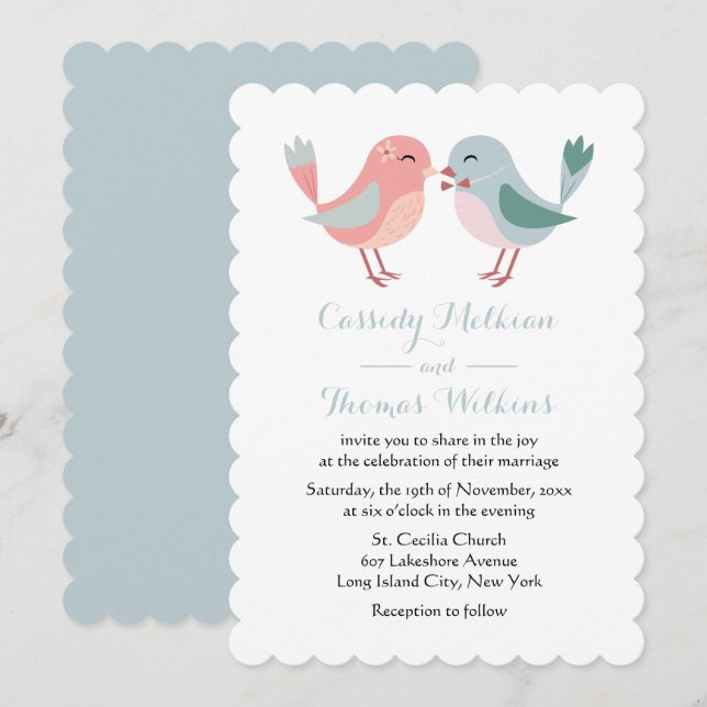 Invitación Pájaros Bodas rosas y azules (Anverso / Reverso)