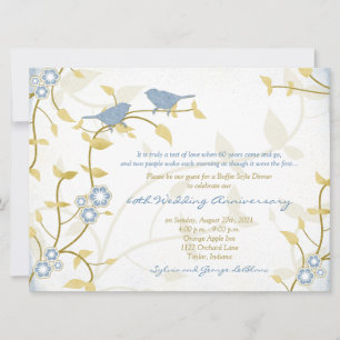 Invitación Pájaros Cantores Azul Oro Diamante Bodas Aniversar