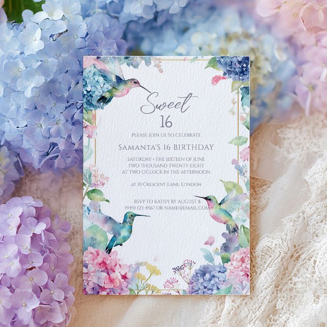 Invitación Pájaros Colibríes Caprichosos con Hydrangeas Sweet (Subido por el creador)