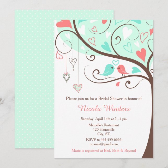 Invitación Pájaros Corazones Moneda de Árbol y Ducha Coral Br (Anverso / Reverso)