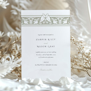 Invitación Pájaros de Amor Bodas Sage Polvoriento y Blanco Pa