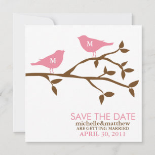 Invitación Pájaros de amor con monograma boda guardar la fech