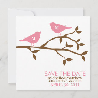 Invitación Pájaros de amor con monograma boda guardar la fech