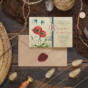 Invitación Pájaros de amor damasco rojo y azul teal boda