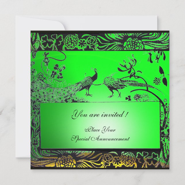 Invitación PÁJAROS DE AMOR DE BODAS , negro amarillo verde es (Anverso)