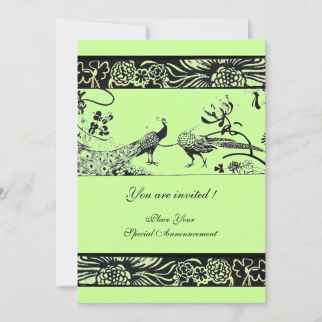 Invitación PÁJAROS DE AMOR DE BODAS, negro y blanco verde (Anverso)