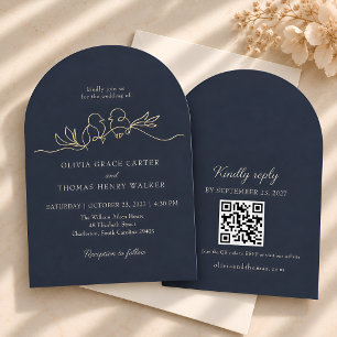 Invitación Pájaros de Amor Dibujados a Mano Boda QR Azul Mari