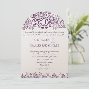 Invitación Pájaros de amor morado Damask Monogramas Bodas