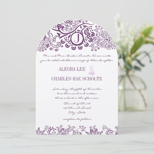 Invitación Pájaros de amor morado Damask Monogramas Bodas (Anverso de pie)