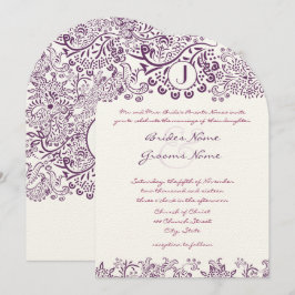 Invitación Pájaros de amor morado Damask Monogramas Bodas