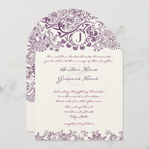 Invitación Pájaros de amor morado Damask Monogramas Bodas