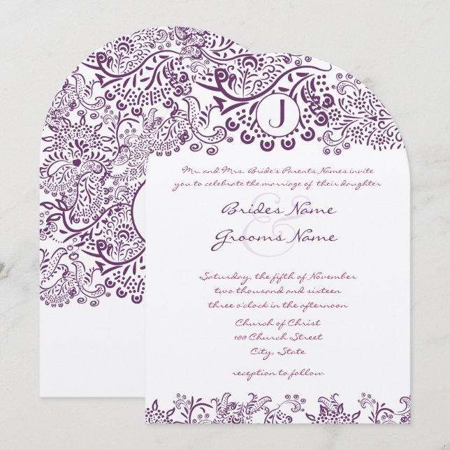 Invitación Pájaros de amor morado Damask Monogramas Bodas (Anverso / Reverso)