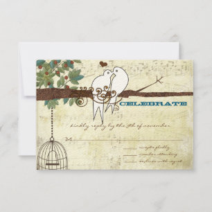 Invitación Pájaros de Amor Verde Azul Sentados en un Árbol Re