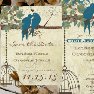 Invitación Pájaros de Amor Verde Azul Sentados en un Árbol Sa