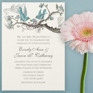Invitación Pájaros de Amor Vintage Aqua Azul y Rosa Boda