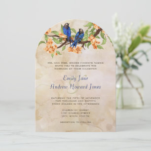 Invitación Pájaros de amor vintage coral y azul real con manc