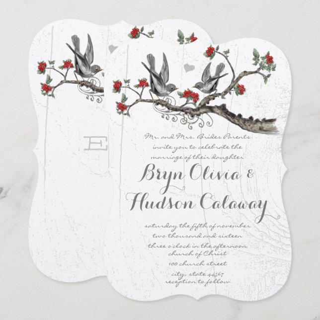 Invitación Pájaros de Amor Vintage Sentados en un Árbol Flore (Anverso / Reverso)