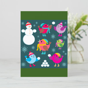 Invitación Pájaros de invierno jugando en la nieve con un muñ