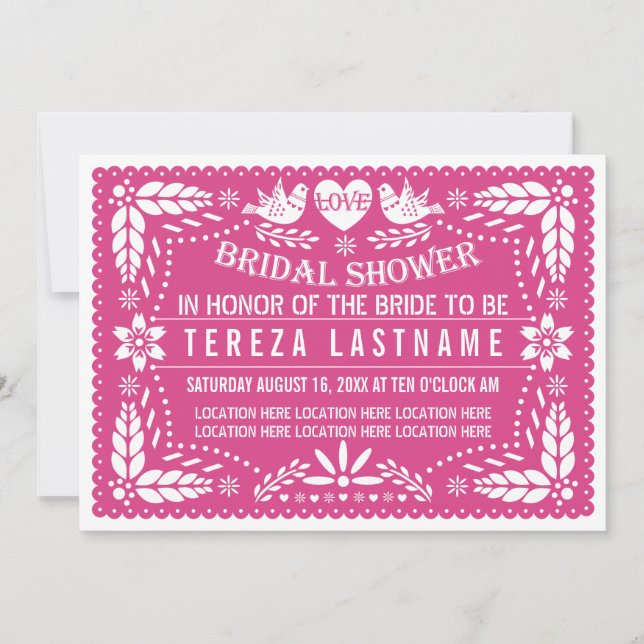 Invitación Pájaros de papel picado boda rosa ducha de novia (Anverso)