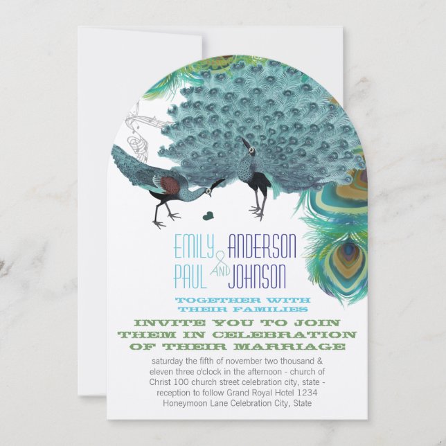 Invitación Pájaros de pavo real con aves de amor al pavo real (Anverso)