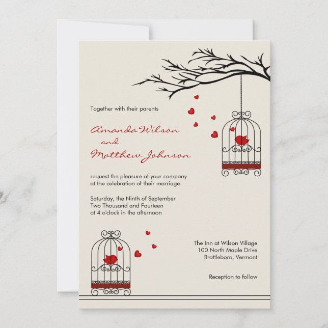 Invitación Pájaros del amor en Birdcages que casan (Anverso)