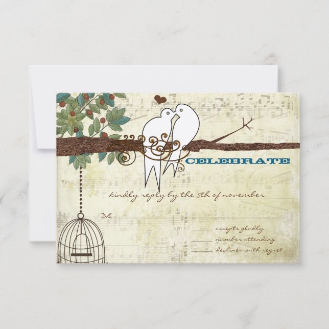 Invitación Pájaros del Amor Verde Azul Sentados en un Árbol R (Anverso)