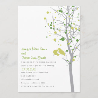 Invitación Pájaros en árbol - lunares verdes claros del amor