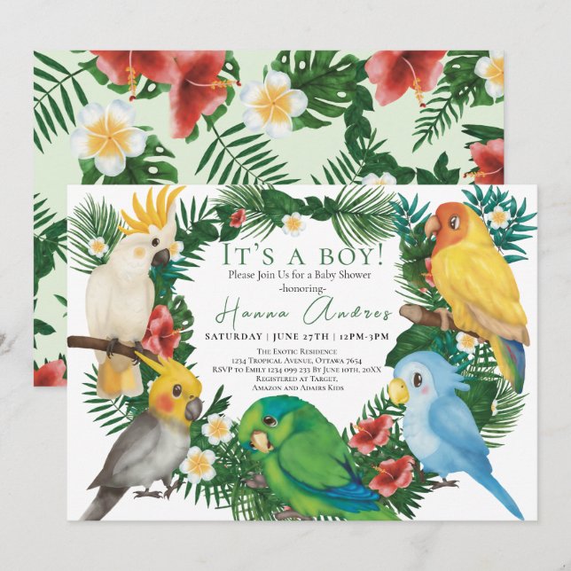 Invitación Pájaros exóticos de los loros tropicales Boy Baby  (Anverso / Reverso)