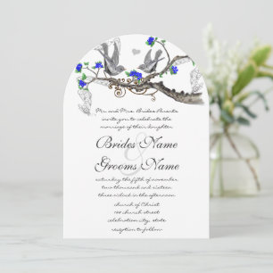 Invitación Pájaros Gris Vintage Flor de Cerezo Azul Real