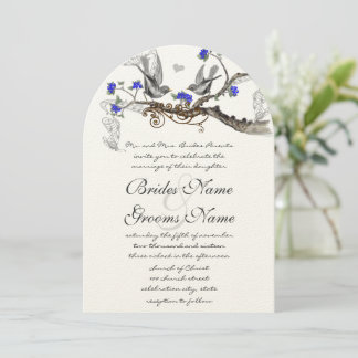 Invitación Pájaros grises vintage Flor de cerezo azul real