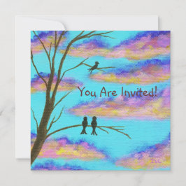 Invitación Pájaros negros en arte colorido del cielo de las