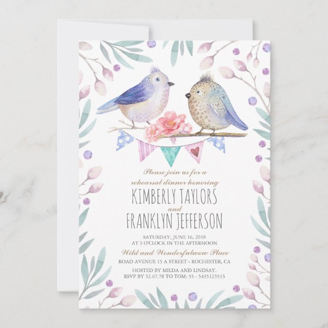 Invitación Pájaros Pareja Corta Ensayo Cena (Anverso)