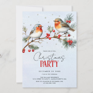 Invitación Pájaros petirrojos, rama y bayas Navidad