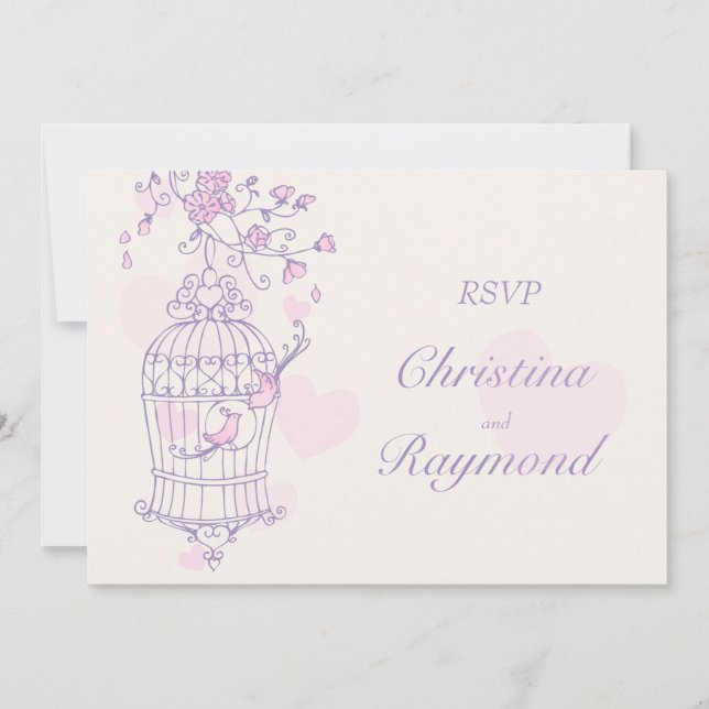 Invitación Pájaros púrpura y rosa abren la RSVP de la boda de (Anverso)