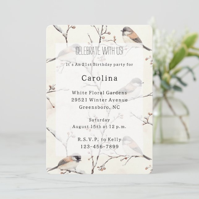 Invitación Pájaros románticos en un árbol de cumpleaños (Anverso de pie)