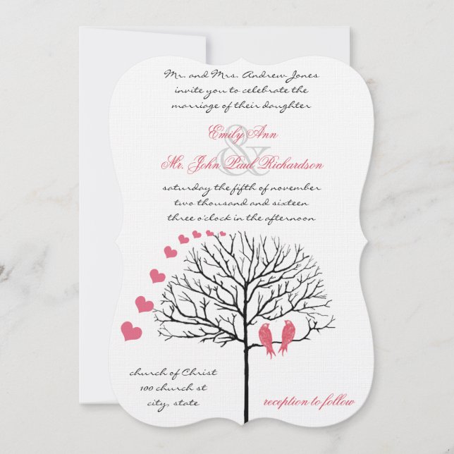 Invitación Pájaros románticos invitan a una boda rosada (Anverso)
