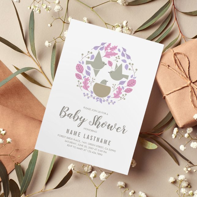 Invitación Pájaros rosados Chicas Nest Circle Parejas Baby Sh (Subido por el creador)