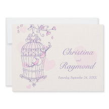 Pájaros rosados morados invitan a una boda en jaul