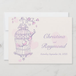 Invitación Pájaros rosados morados invitan a una boda en jaul
