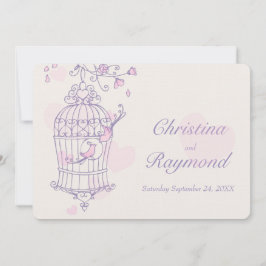 Invitación Pájaros rosados morados invitan a una boda en jaul