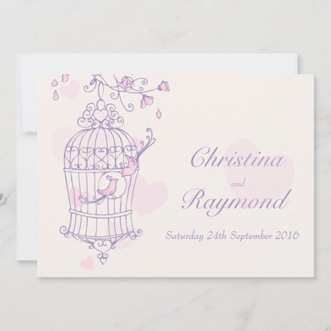 Invitación Pájaros rosados púrpura invitan a una boda en jaul (Anverso)