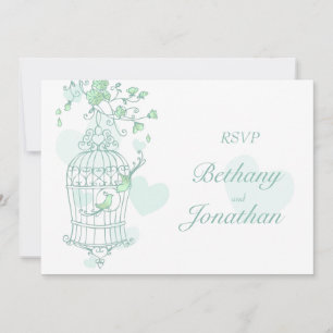 Invitación Pájaros verdes menta abren la jaula de boda RSVP