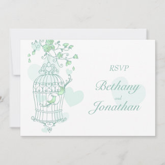 Invitación Pájaros verdes menta abren la jaula de boda RSVP