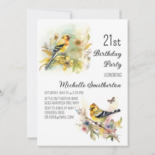 Invitación Pájaros Vintage Amarillo Jilguero Cumpleaños 21