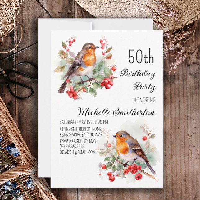 Invitación Pájaros Vintage Robin Redbreast 50 Cumpleaños (Robin redbreast 50th birthday party invitation)