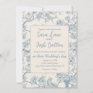 Invitación Pájaros y flor de cerezo en azul y blanco desvaído