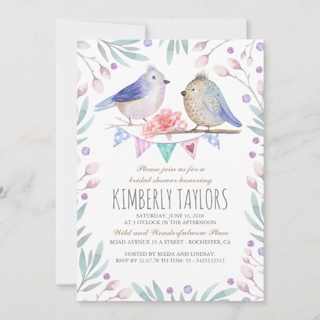 Invitación Pájaros y flores rosadas Ducha de novias en Woodla (Anverso)