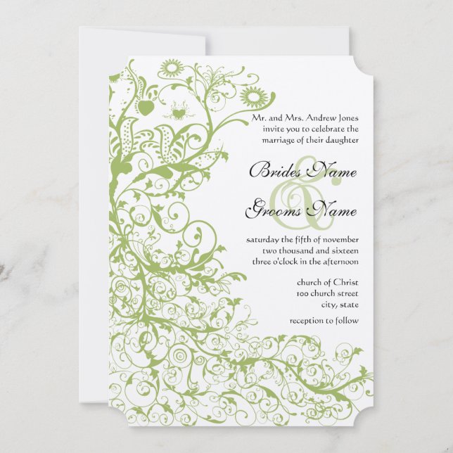 Invitación Pájaros y natación en el Boda Hidrangea Verde Hiel (Reverso)