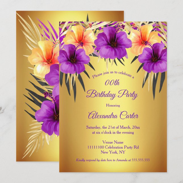 Invitación Palabras de oro morado amarillo hibiscus cumpleaño (Anverso / Reverso)