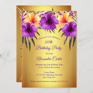 Invitación Palabras de oro morado amarillo hibiscus cumpleaño